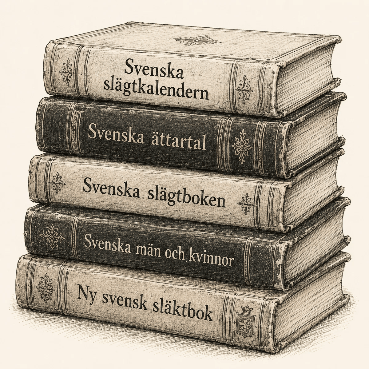 Teckning av en trave gamla svenska släktböcker: Svenska slägtkalendern, Svenska ättartal, Svenska slägtboken, Svenska män och kvinnor och Ny svensk släktbok.